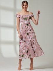 Jolie Moi Pink Bardot Neckline Mesh Midi Dress - Image 3 of 7