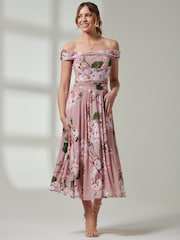 Jolie Moi Pink Bardot Neckline Mesh Midi Dress - Image 4 of 7