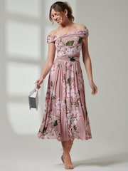 Jolie Moi Pink Bardot Neckline Mesh Midi Dress - Image 5 of 7