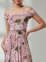 Jolie Moi Pink Bardot Neckline Mesh Midi Dress - Image 6 of 7