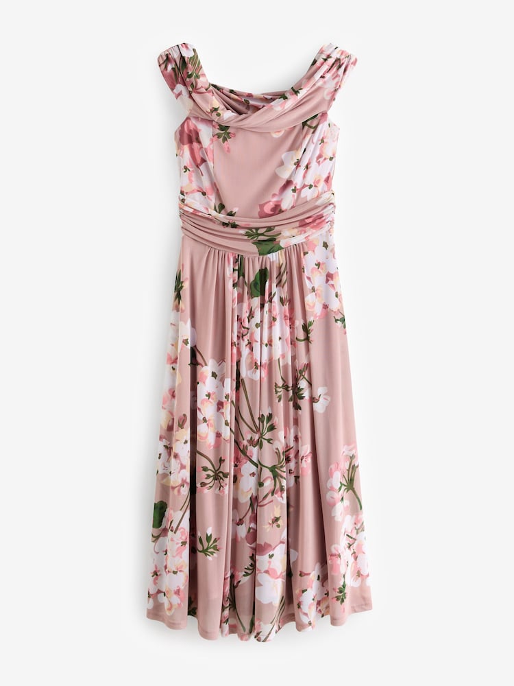 Jolie Moi Pink Bardot Neckline Mesh Midi Dress - Image 7 of 7