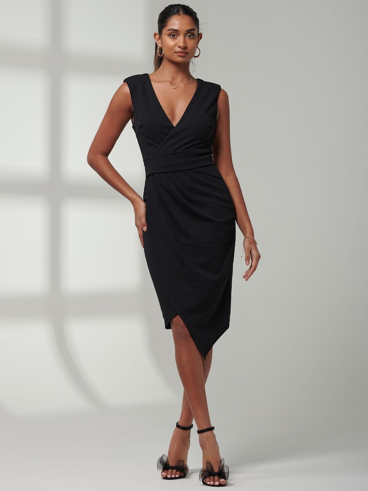 Jolie Moi Black Kiana Wrap Ruched Bodycon Dress - Image 1 of 6