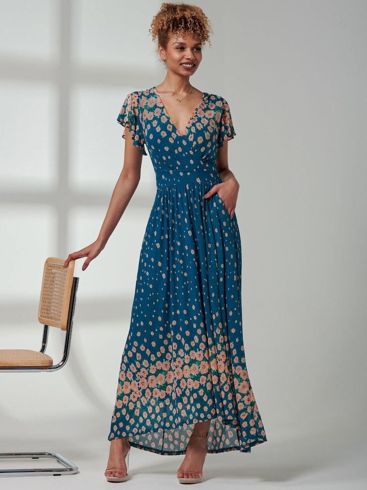Jolie Moi Blue Kora Cap Sleeve Mesh Maxi Dress - Image 1 of 6