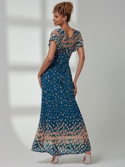 Jolie Moi Blue Kora Cap Sleeve Mesh Maxi Dress - Image 2 of 6