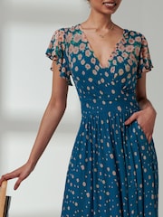 Jolie Moi Blue Kora Cap Sleeve Mesh Maxi Dress - Image 3 of 6