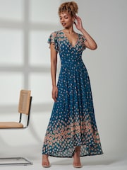 Jolie Moi Blue Kora Cap Sleeve Mesh Maxi Dress - Image 6 of 6