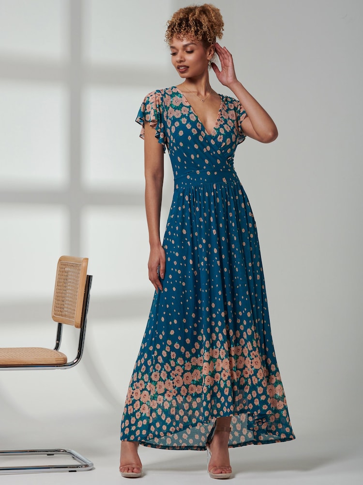 Jolie Moi Blue Kora Cap Sleeve Mesh Maxi Dress - Image 6 of 6