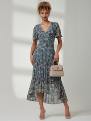 Jolie Moi Blue Angel Sleeve V-Neck Chiffon Dress - Image 1 of 6