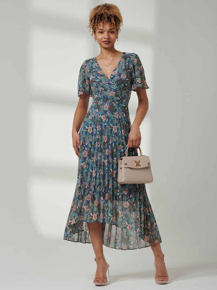 Jolie Moi Blue Angel Sleeve V-Neck Chiffon Dress - Image 1 of 6