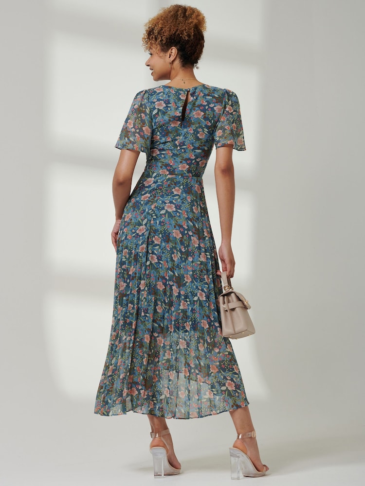 Jolie Moi Blue Angel Sleeve V-Neck Chiffon Dress - Image 2 of 6