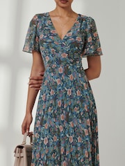 Jolie Moi Blue Angel Sleeve V-Neck Chiffon Dress - Image 3 of 6