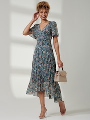 Jolie Moi Blue Angel Sleeve V-Neck Chiffon Dress - Image 5 of 6