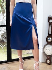 Hot Squash Blue Satin Midi Skirt with Side Split - Image 3 of 5