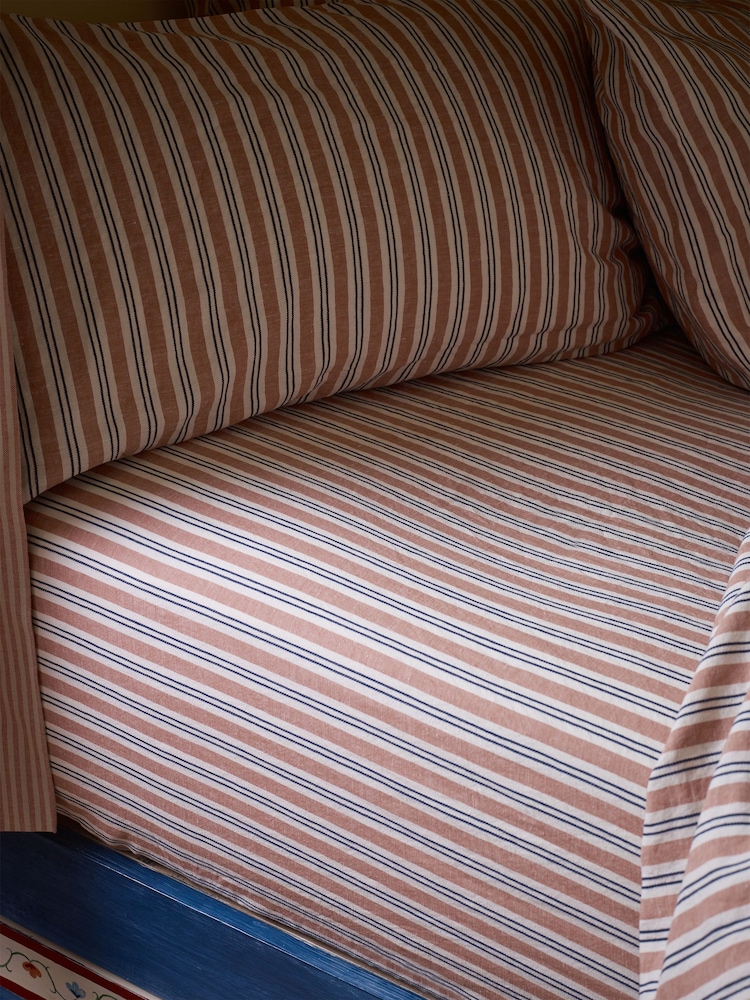 Piglet in Bed Brown Sommerley Stripe Linen Fitted Sheet - Image 1 of 4
