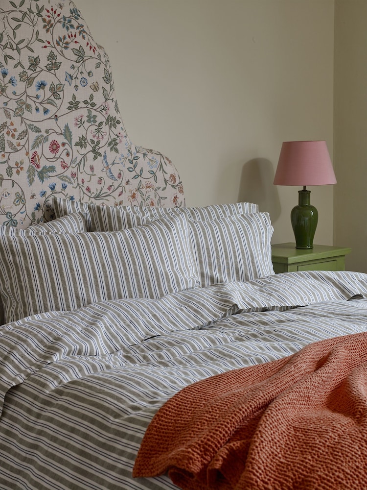 Piglet in Bed Set of 2 Green Sommerley Stripe Linen Pillowcases - Image 1 of 2