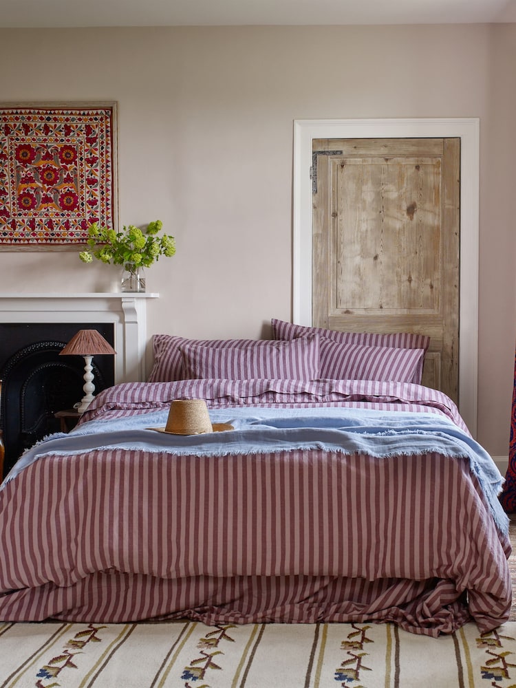 Piglet in Bed Plum Wine Purple Amberley Stripe Linen/Cotton Blend Duvet Cover - Image 1 of 3