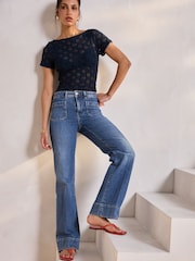 Dark Blue Patch Pocket Wide Leg Jeans - Image 1 of 10