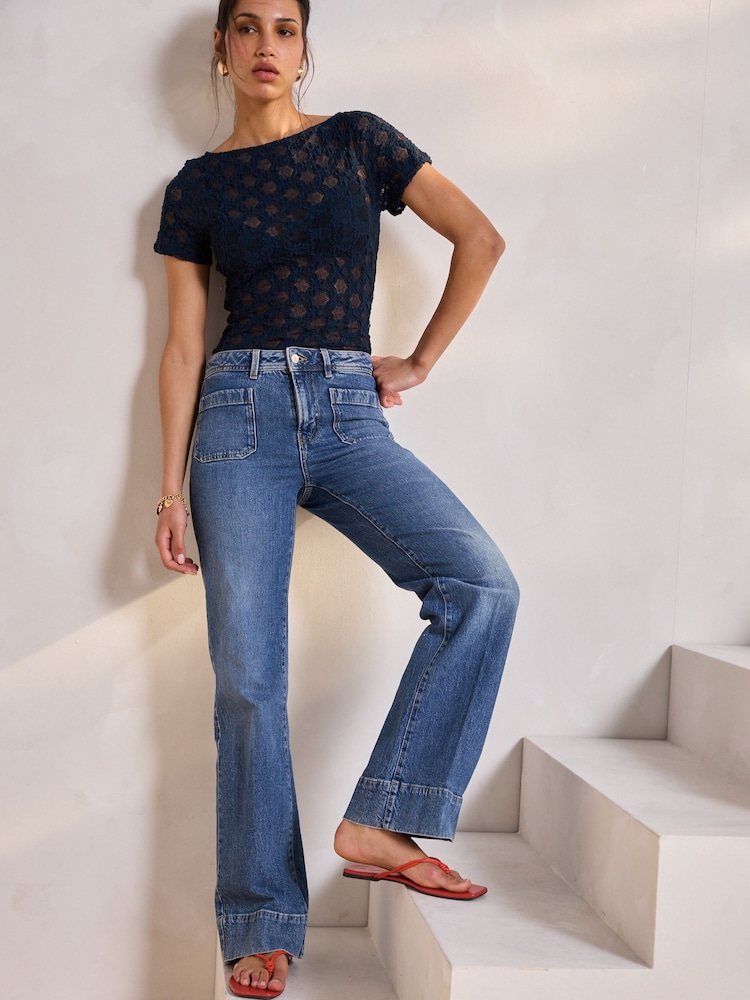 Dark Blue Patch Pocket Wide Leg Jeans - Image 1 of 10