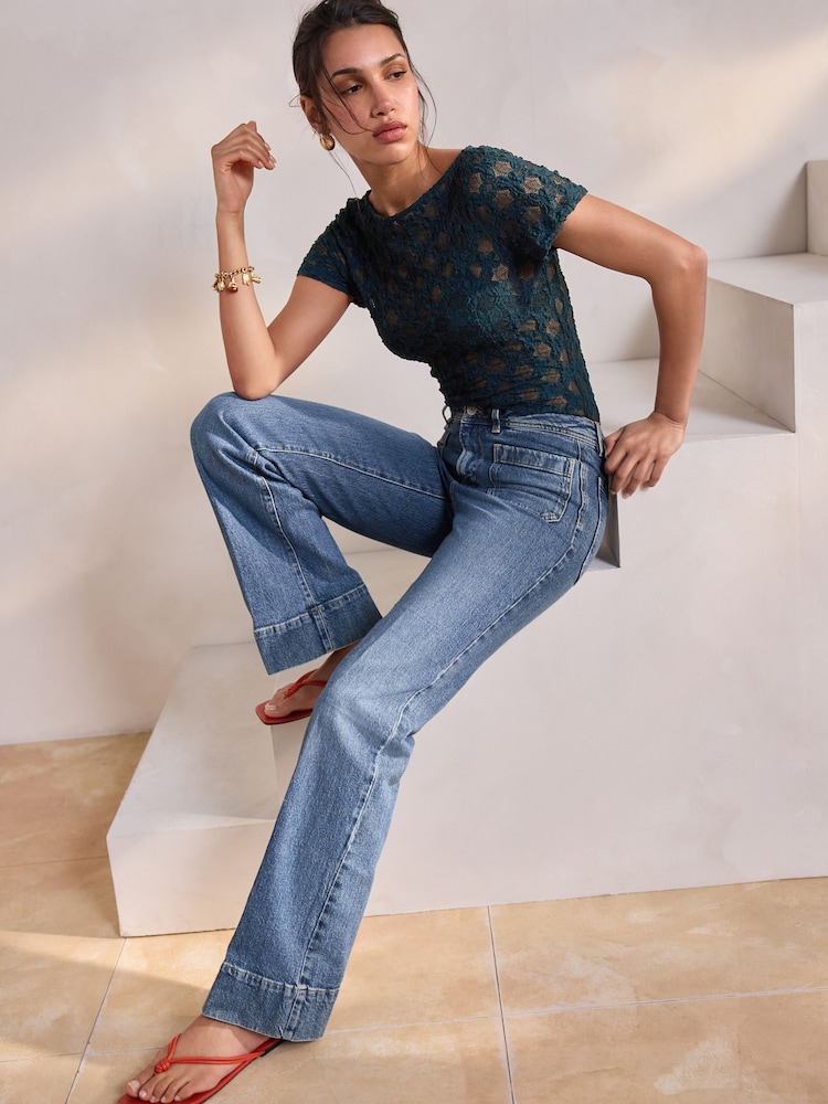 Dark Blue Patch Pocket Wide Leg Jeans - Image 2 of 10