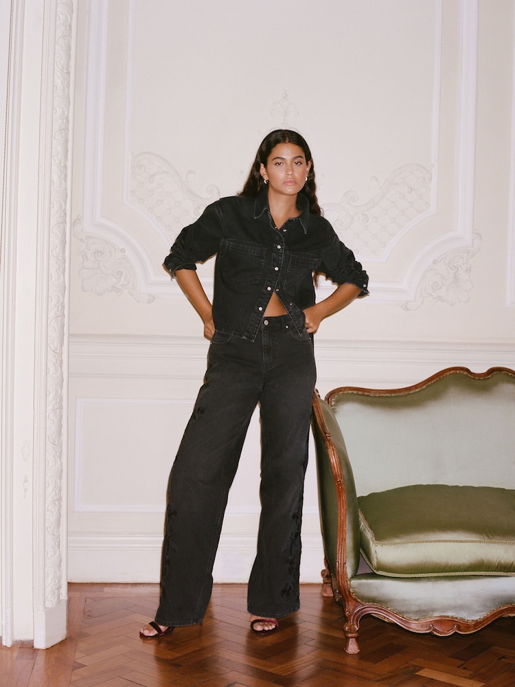 Noir - Brodé 100% Coton Ample Jeans - Image 1 of 7