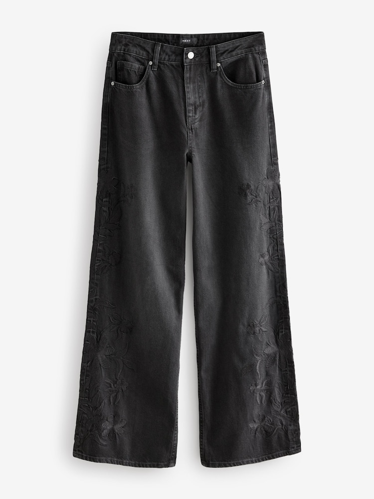 Noir - Brodé 100% Coton Ample Jeans - Image 5 of 7