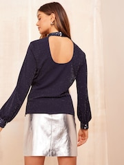 Friends Like These Navy Blue Jersey HIgh Neck Blouse with Sequin Detail - Image 4 of 4