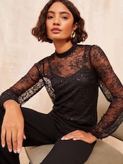 Friends Like These Black Long Sleeve High Neck Lace Sequin Top - Image 1 of 4