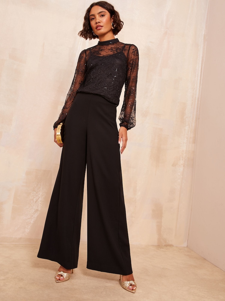 Friends Like These Black Long Sleeve High Neck Lace Sequin Top - Image 2 of 4
