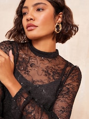 Friends Like These Black Long Sleeve High Neck Lace Sequin Top - Image 3 of 4