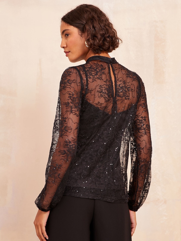 Friends Like These Black Long Sleeve High Neck Lace Sequin Top - Image 4 of 4