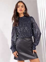 Friends Like These Navy Blue Sequin High Neck Long Sleeve Christmas Blouse - Image 1 of 4