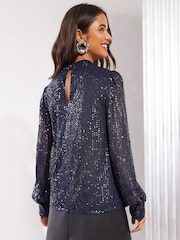 Friends Like These Navy Blue Sequin High Neck Long Sleeve Christmas Blouse - Image 4 of 4