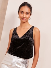 Friends Like These Black Velvet V Neck Shell Vest Top - Image 1 of 4