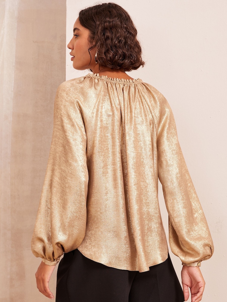 Friends Like These Gold Long Sleeve Button Front Foil Shirt - Image 4 of 4