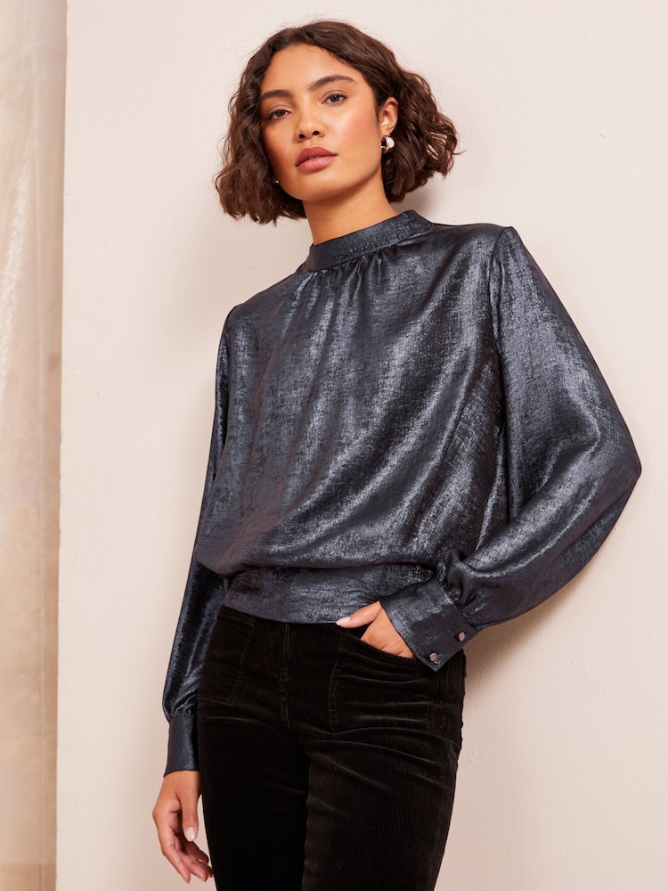 Friends Like These Blue Shirred Belted Back Chiffon Blouse - Image 1 of 4