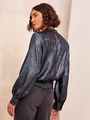 Friends Like These Blue Shirred Belted Back Chiffon Blouse - Image 4 of 4