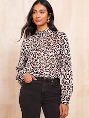 Friends Like These Brown Animal Roll Neck Tie Back Animal Print Blouse - Image 1 of 3