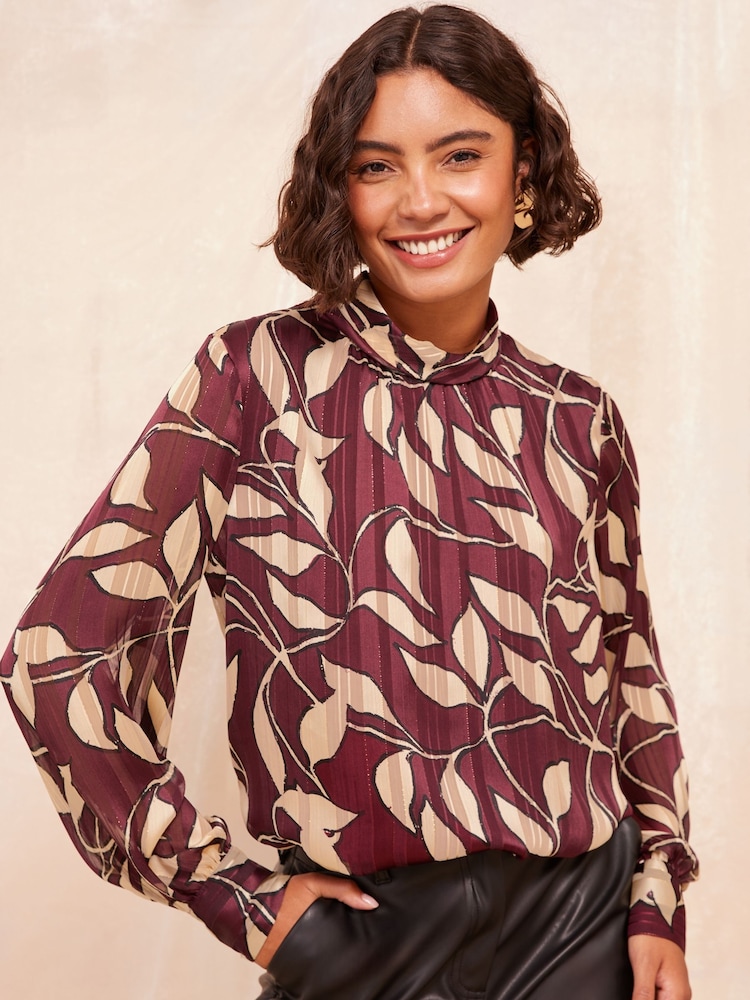 Friends Like These Brown Roll Neck Tie Back Animal Print Blouse - Image 1 of 4
