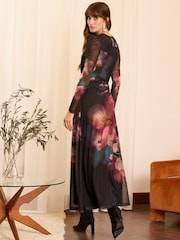 Love & Roses Black Floral Petite Jersey Mesh Midi Dress - Image 4 of 4