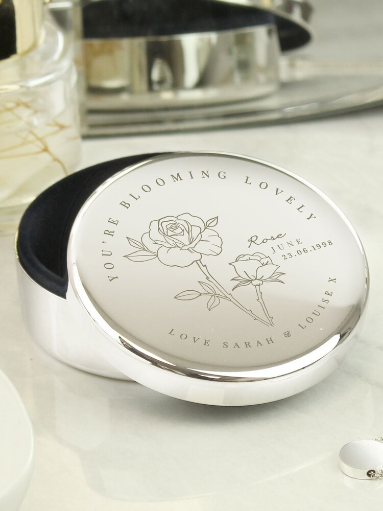 Personalised June Birth Flower Round Trinket Box by PMC - Image 1 of 3 Personalised June Birth Flower Round Trinket Box by PMC - Image 1 of 3