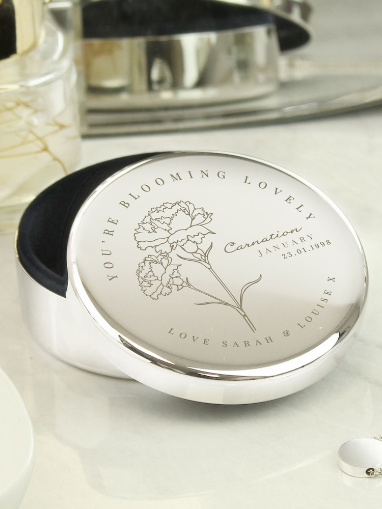 Personalised January Birth Flower Round Trinket Box by PMC - Image 1 of 3 Personalised January Birth Flower Round Trinket Box by PMC - Image 1 of 3