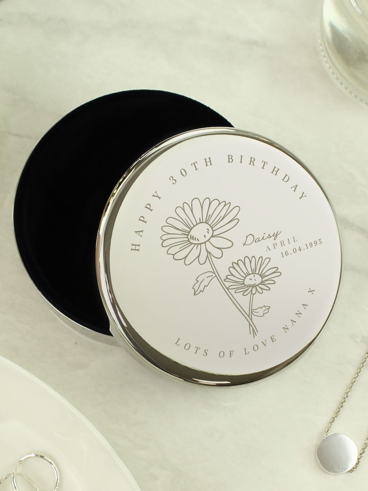 Personalised April Birth Flower Round Trinket Box by PMC - Image 1 of 3