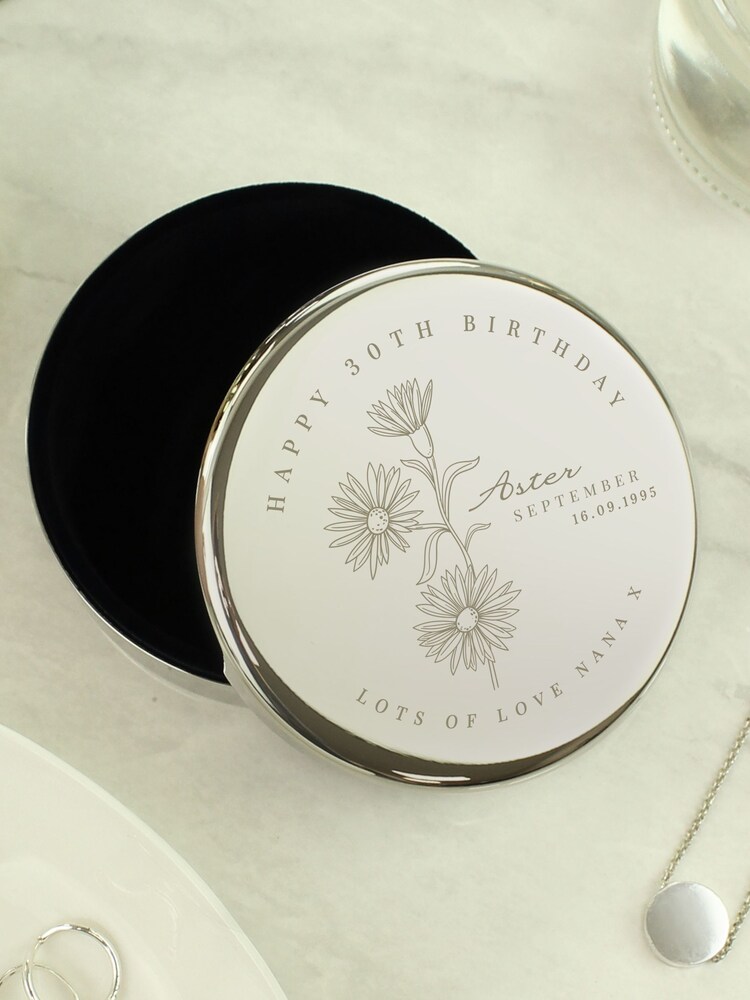 Personalised September Birth Flower Round Trinket Box by PMC - Image 1 of 3 Personalised September Birth Flower Round Trinket Box by PMC - Image 1 of 3
