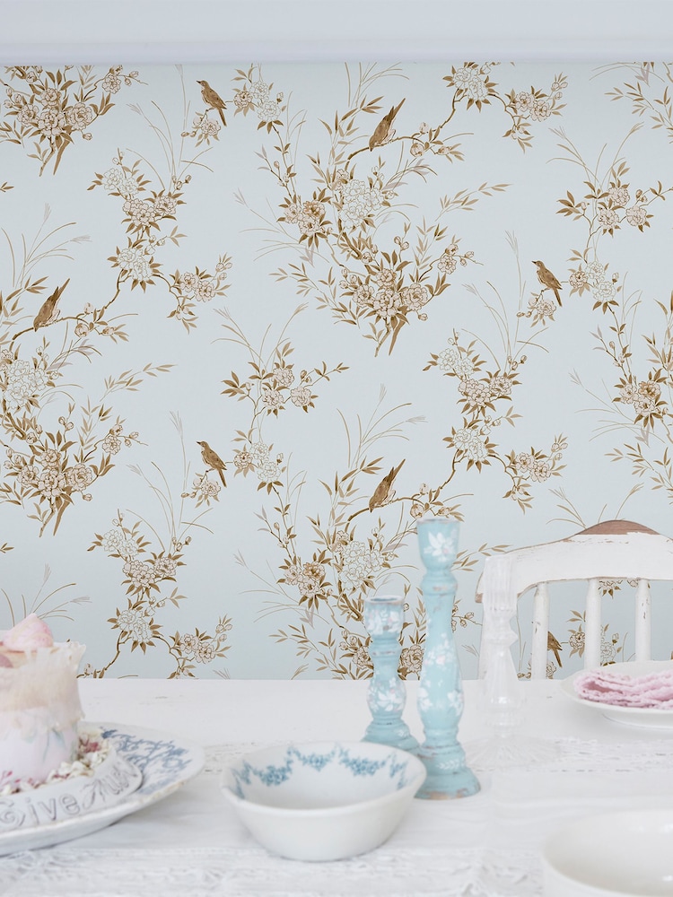 Shabby Chic by Rachel Ashwell® Blue/Gold Bird Chinoiserie 10M Wallpaper - Image 2 of 3 Shabby Chic by Rachel Ashwell® Blue/Gold Bird Chinoiserie 10M Wallpaper - Image 2 of 3