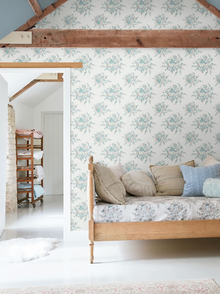 Shabby Chic by Rachel Ashwell® Teal Rose Blossom 10M Wallpaper - Image 2 of 3