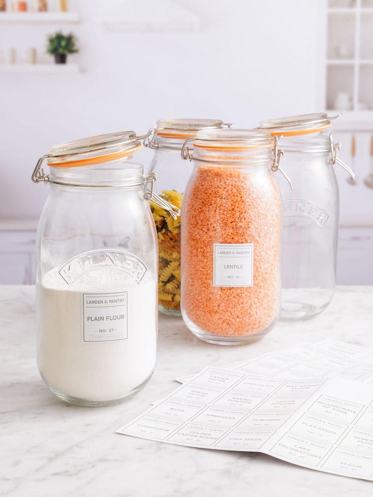 Kilner Clear 2L Clip Top Round Jars And Pantry Labels Set of 3 - Image 1 of 2
