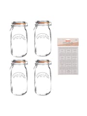 Kilner Clear 1.5L Round Clip Top Jars And Pantry Labels Set of 4 - Image 2 of 2
