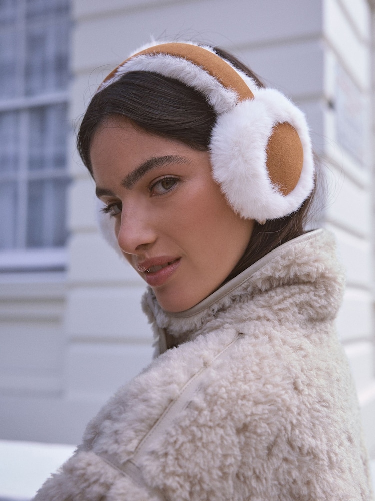 Tan Brown Shearling Leather Earmuffs - Image 1 of 9