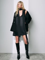 Black Satin Skinny Scarf With Fringing - Image 1 of 5