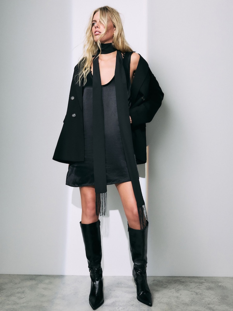 Black Satin Skinny Scarf With Fringing - Image 1 of 5